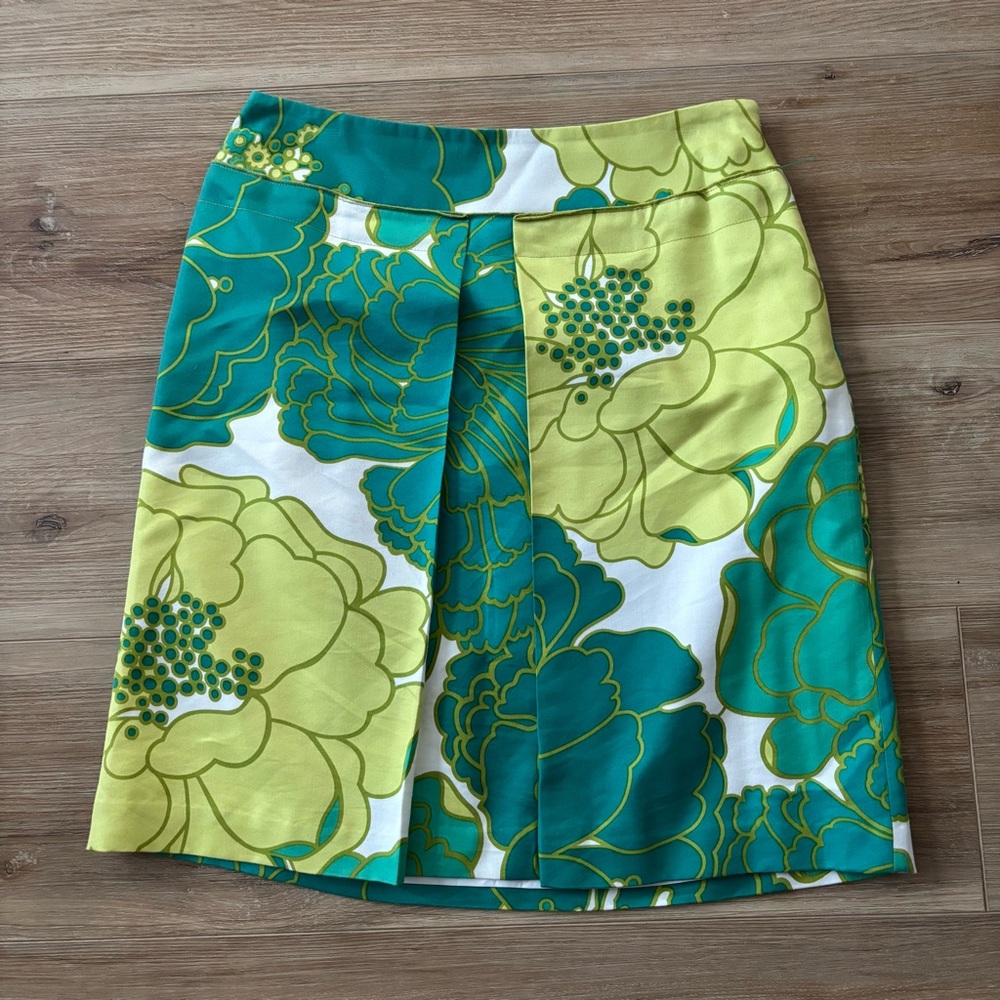 Ann taylor floral green skirt size 00 petite cotton silk blend Pre owned
